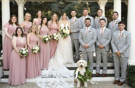 Dusty Rose And Sage Green Wedding Party Attire, Pink Bridesmaid Dresses With Groomsmen, Pale Pink Bridesmaid Dresses, Bridal Party Poses, Wedding Entourage, Wedding Motifs, Boho Pink, Wedding 2025, Pink Bridesmaid Dresses