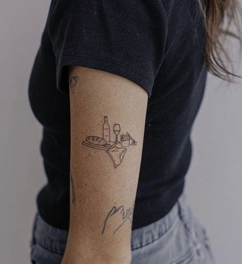 Charcuterie Tattoo Ideas, Charcuterie Board Tattoo, Charcuterie Tattoo, Still Life Tattoo, Wine Tattoo, Food Tattoos, Mouthwatering Food, Tattoo Now, Line Art Tattoos