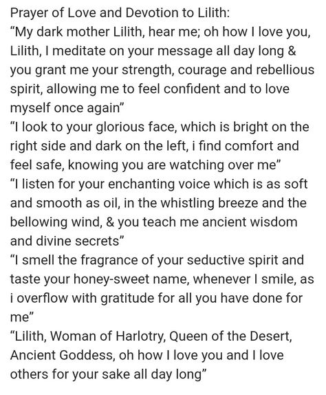 Prayers For Lilith, Lilith Love Spell, Working With Lilith Witchcraft, Herbs For Lilith, Lilith Affirmations, Prayer To Lilith, Lilith Goddess Mythology, Lilith Worship, Lilith Prayer