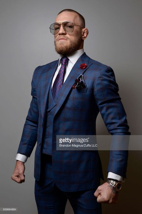 Conor McGregor poses for a photograph prior to his super welterweight boxing match against Floyd Mayweather Jr. on August 26, 2017 at T-Mobile Arena in Las Vegas, Nevada. Conor Mcgregor Suit, Mcgregor Suits, Conor Mcgregor Style, Boxing Outfit, Khamzat Chimaev, 1950s Jacket Mens, Connor Mcgregor, Boxing Clothes, Cargo Jacket Mens