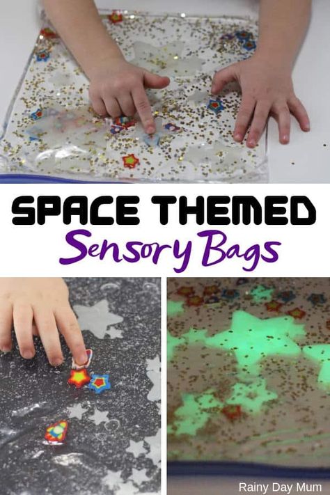 Two simple ideas for easy glow in the dark space themed sensory bags for toddlers. An easy way to do mess-free sensory play with your aspiring astronauts. Space Themed Activities For Babies, Eyfs Space Theme, Send Activities Eyfs, Space Activities For Babies, Eyfs Space Activities, Space Activities Eyfs, Space Eyfs Activities, Sensory Bags For Toddlers, Space Eyfs