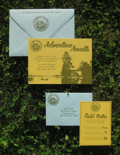 Camp Wedding Invitations, Campfire Wedding, Camping Wedding Invitations, Check Presenter, Camping Invitations, Camp Bach, Campground Wedding, Summer Camp Wedding, Mountain Wedding Invitations