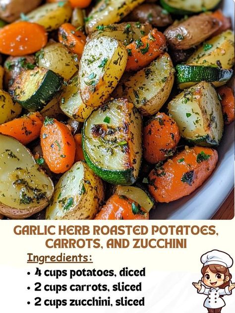 Recipes Realm - Garlic Herb Roasted Potatoes, Carrots, and... Garlic Herb Roasted Potatoes, Roasted Potatoes Carrots, Carrots And Zucchini, Roasted Potatoes And Carrots, Herb Roasted Potatoes, Potatoes Carrots, Vegetable Dish, Garlic Herb, Zucchini Recipes