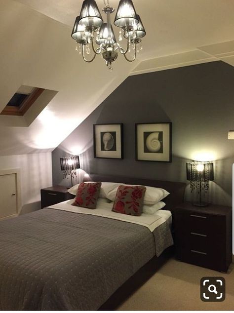 Dark painted accented wall in attic bedroom. Small Attic Bedroom Designs, Small Bedroom Ideas On A Budget, Boutique Hotel Bedroom, Small Attic Bedroom, Loft Conversion Bedroom, Attic Bedroom Designs, Small Attic, Budget Bedroom, Attic Bedrooms