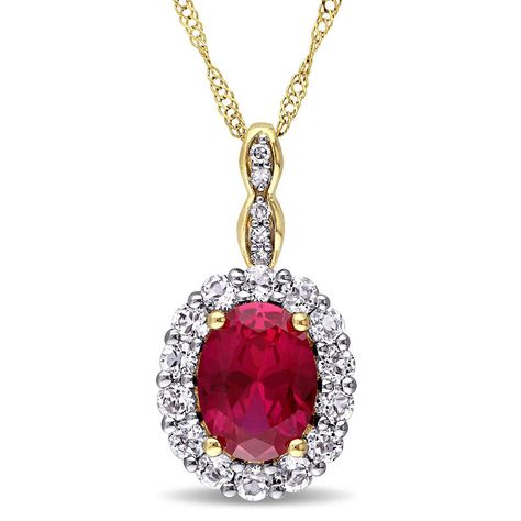 Womens Lab-Created Red Ruby and Diamond Accent Pendant Necklace in 14K Gold Jewellery Ruby, Gold Ruby Necklace, Red Pendant Necklace, Necklaces Red, Red Pendant, Necklace Ruby, Ruby Necklace Pendant, Vintage Pendant Necklace, Gold Pendants