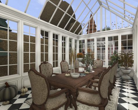 French Country Bloxburg House, Bloxburg Conservatory, Coastal Bloxburg Carpet Decals, Bloxburg Hampton House, Bloxburg Sunroom, Bloxburg Greenhouse, Bloxburg Library, Bloxburg Dining Room, Bloxburg Victorian House