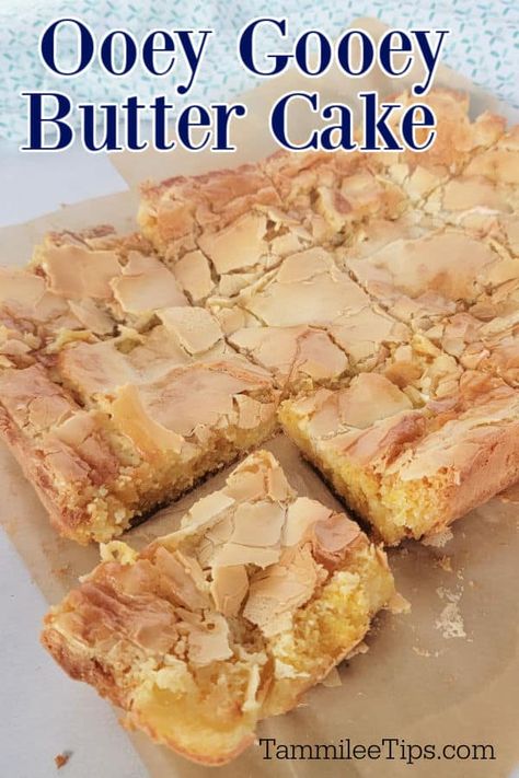 Ooey Gooey Butter Cake Recipe - Tammilee Tips Butter Gooey Bars, Paula Deans Ooey Gooey Cake, Ooey Gooey Cake Mix Bars, Gooey Bars Recipe Cake Mixes, Toffee Gooey Butter Cake, Paula Deens Gooey Butter Cake, Butter Gooey Cake Recipe, Lemon Ooey Gooey Bars, St Louis Ooey Gooey Butter Cake Recipe