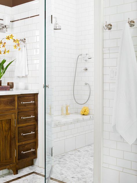 Clean and bright Brown Vanity, Color Bathroom Design, Walnut Vanity, Bathroom Design Styles, Subway Tile Showers, Brown Tile, Dark Marble, White Bathroom Designs, Tile Remodel