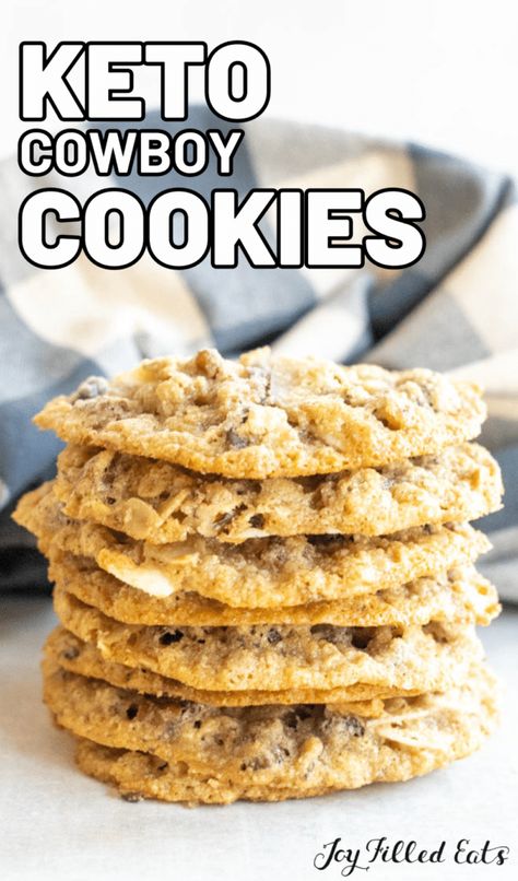 Low Carb Cowboy Cookies, Keto Cowboy Cookies Recipe, Keto Cowboy Cookies, Bariatric Cookies, Leto Deserts, Cowboy Cookies Recipe, Thm Cookies, Keto Favorites, Cowboy Cookie Recipe