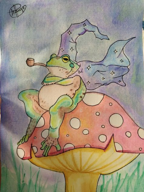 watercolor painting
cute frog
witcher frog
magician
mushroom Watercolor Frog Tutorial, Simple Fairy Painting, Fairy Sitting On Mushroom Drawing, Funky Watercolor Art, Frog Watercolor Paintings, Frog Painting Ideas, Cute Frog Painting, Fairy Watercolor Painting, Funky Watercolor