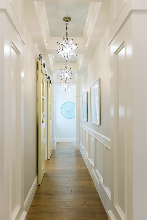 benjamin-moore-cool-breeze-csp-665-design-lindy-allen-photo-Jessie Alexis Photography-painted-ceilings-hall Hallway Doors, Hallway Paint Colors, Ceiling Paint Colors, Hallway Paint, Star Pendant Lighting, Blue Ceilings, House Of Turquoise, Long Hallway, Colored Ceiling