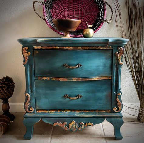 Hand painted solid wood cabinet / end table / nightstand. Gold and copper leafing. Painted in teal and turquoise with accents in corn yellow and red. For sale. wee.facebook.com/shopboldandmodern Restored Furniture, Unicorn Spit, Vintage Nightstand, Furniture Handmade, Boho Furniture, Shabby Chic Dresser, Painted Dresser, Custom Painting, Vintage Dressers