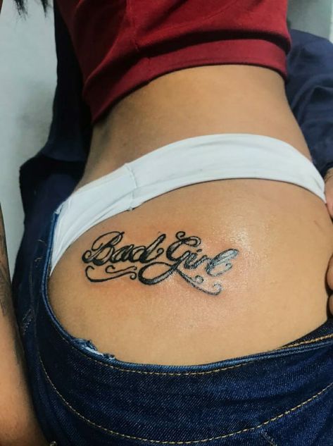 Name Tattoo Under Bum Cheek, Name Tattoos On Buttocks, But Cheek Tattoo, Under Bum Tattoo, Tattoo Under Bum Cheek, Risk Taker Tattoo, Cheek Tattoo, Bum Tattoo, Quote Tattoos