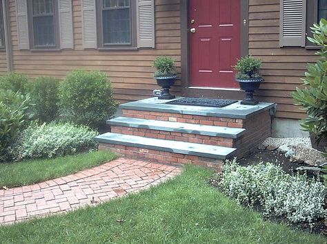 blue stone and brick steps | Brick Steps Hanover Ma Step Railing Outdoor, Portico Ideas, Brick Stairs, Railing Outdoor, Exterior Apartment, Concrete Front Steps, Granite Steps, Bluestone Steps, Entry Steps