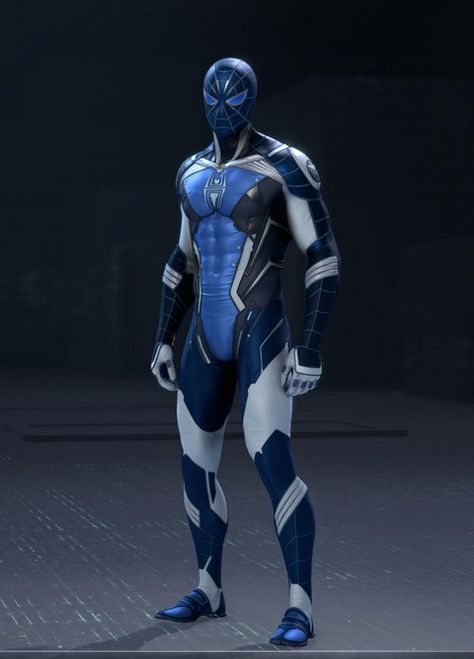 Spiderman Blue Suit, Blue And Black Spiderman, Custom Spiderman Suits, Marvel Avengers Academy, Noir Spiderman, Knight Dragon, Spider Suit, Marvel Games, Marvel Character Design