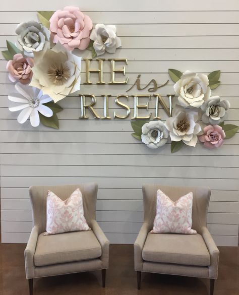 Cross Photo Backdrop, Spring Photo Booth Ideas, Easter Decorating Ideas For Church, Spring Stage Design, Church Decor For Easter, Easter Sunday Photo Backdrop, Easter Selfie Station, Easter Photo Op Church, Easter Photo Wall Church