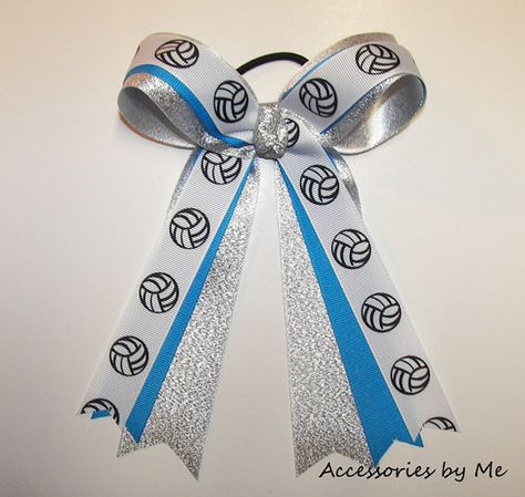 Volleyball Hair Bow Copen Blue Silver Ribbon by accessoriesbyme, $13.99 Volleyball Diy, Volleyball Awards, Sports Wife, Volleyball Hair Bows, Volleyball Ribbon, Soccer Hair Bows, Sports Hair Bows, Pride Ideas, Volleyball Bows