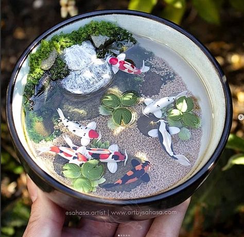 Fish Bowl Aesthetic, Resin Koi Pond, Resin Pond, Bowl Aesthetic, Koi Ponds, Miniature Flowers, Inspiration Painting, Fantasy Art Dolls, Awesome Pictures