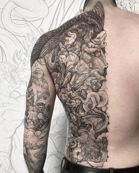 Half Back Tattoo, Full Chest Tattoos, Backpiece Tattoo, Cool Back Tattoos, Cherub Tattoo, African Tattoo, Samurai Tattoo Design, Torso Tattoos, Dragon Sleeve Tattoos