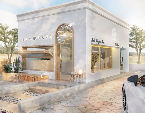 White Cafe,, Coffee and Ice Cream shop on Behance Drive Through Cafe Design, Cafe Outerior Design, All White Coffee Shop, Cool Storefront Design, White Storefront Design, Toko Ice Cream, Drive Through Coffee Shop Design, Cafe Ideas Interior, Ice Cream Cafe Interior