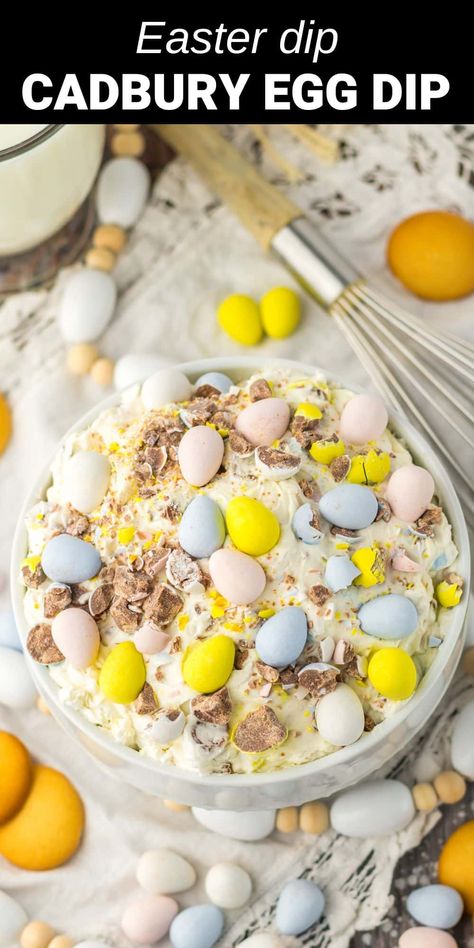 Easter dip in bowl with pastel mini Cadbury eggs Easter Cadbury Egg Dessert, Dessert Dips For Easter, Cadbury Mini Egg Dip, Cadberry Egg Dip, Mini Egg Dip, Easter Dessert Chocolate, Easter Dip Recipes, Cadbury Dip, Easter Dessert Dip