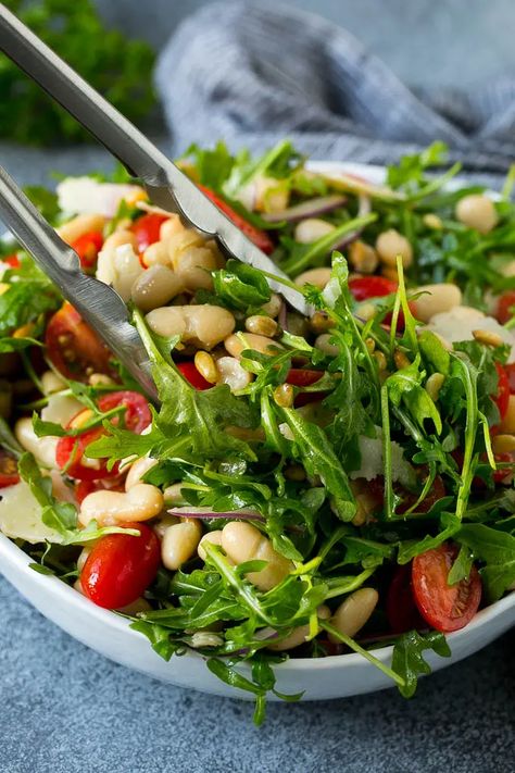 Cooked Arugula, Salad With White Beans, Vibrant Salad, Salad Arugula, Noom Recipes, Tuscan Kale, Arugula Recipes, Arugula Salad Recipes, Shaved Parmesan