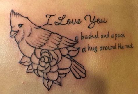 Love You A Bushel And A Peck Tattoo, I Love You A Bushel And A Peck Tattoo, Bushel And A Peck Tattoo, Cardinal Tattoo, Cardinal Tattoos, A Bushel And A Peck, Bushel And A Peck, Tattoos Ideas, Life Tattoos