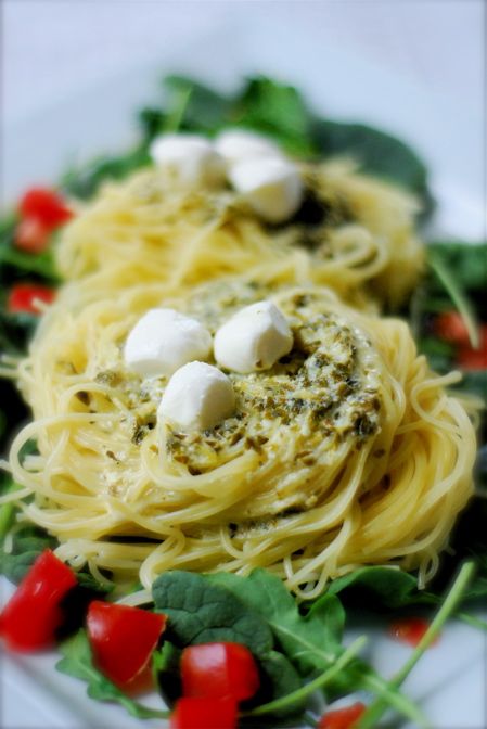 love nests ~ angel hair pasta with lemon herb cream and fresh cheeses on a bed of salad greens. Pasta With Lemon, Salad Greens, Angel Hair Pasta, Holiday Brunch, Lemon Herb, Tasty Pasta, Angel Hair, Amazing Food, I Love Food