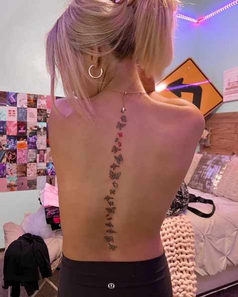 self-drawn butterfly tattoo Spinal Tattoo Butterfly, Roses And Butterfly Spine Tattoo, Butterfly Spine Tattoos For Women, Fine Line Butterfly Spine Tattoo, Cross With Butterfly Tattoo, Spinal Tattoo With Butterflies, Butterfly Back Tattoo Spine With Words, Cross And Butterfly Tattoo, Butterfly Spine Tattoo