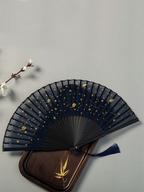 1pc Portable Folding Bamboo Fan For Women, Star Sky Design With Gold Foil Print, Home DecorationI discovered amazing products on SHEIN.com, come check them out! Hand Fan Design, Bamboo Fan, Chinese Home, Chinese Fans, Chinese Fan, Antique Fans, Folding Hand Fan, Pretty Jewelry Necklaces, Fan Decoration