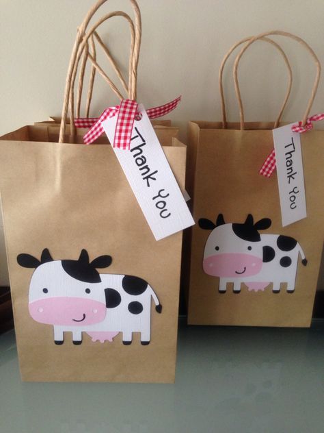 Cow Gift Bags, Farm Theme Gift Bags, Cow Themed Goodie Bags, Cow Candy Bags, Cow Party Favors, Barnyard Party Favors, Pink Barnyard Party, Cow Baby Shower Invitations, Birthday Treat Bags