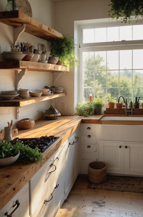 White Cabinets Butcher Block Countertops, White Cabinets Butcher Block, Kitchen White Shaker Cabinets, Cabinets Butcher Block Countertops, Farmhouse Kitchen White, Cozy Modern Farmhouse, Kitchen Goals, Tree Cottage, Clay Plaster