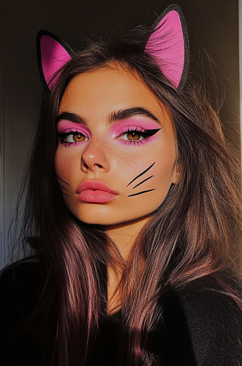 Pink Panther Halloween Makeup Look Kitty Costume Makeup, Pink Panther Makeup Halloween, Cartoon Halloween Makeup, Pink Cat Makeup, Powerpuff Makeup, Panther Face Paint, Halloween Makeup Pink, Pink Costume Ideas, Pink Panther Makeup