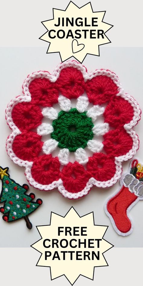 Free crochet pattern - Merry Jingle Coaster from Crochet 'n' Create. Free easy-beginner-friendly pattern! Crocheted Christmas Gifts, Easy Crochet Potholders Free Pattern, Christmas Crochet Free Patterns, Quick Easy Crochet Projects, Cute Crochet Coasters, Crochet Christmas Coasters, Crochet Christmas Ornaments Free Pattern, Christmas Applique Patterns, Circular Crochet