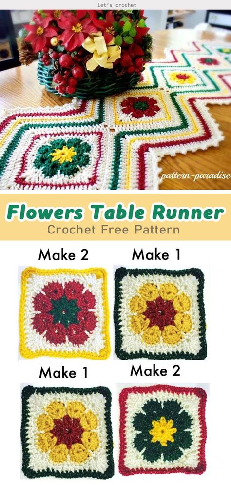 Flowers Table Runner Crochet Free Pattern #letscrochetfreepattern #crochettablerunner #easycrochetpattern African Flower Crochet Animals, Table Runner Crochet, Runner Crochet, Crochet Hat Tutorial, Crochet Baby Projects, Easy Crochet Slippers, Crochet African Flowers, Crochet Baby Beanie, Popular Crochet