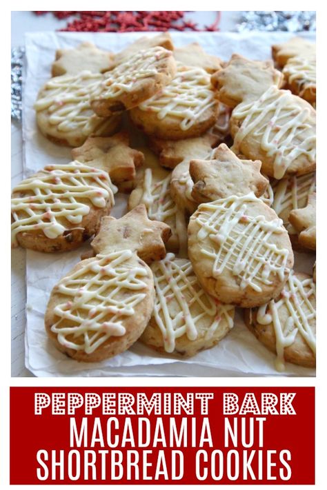 Peppermint Bark Macadamia Nut Shortbread Cookies say Mele Kalikimaka. Baked with macadamia nuts, peppermint bark pieces, then drizzled in more chocolate, everyone will love these Christmas shortbread cookies (holiday cookies). #christmascookies #shortbread #baking #peppermintbark #holidaycookies #macadamianuts White Chocolate Macadamia Nut Peppermint Cookies, White Chocolate Macadamia Nut Cookies With Raspberry, White Chocolate Macadamia Nut Cookies With Cranberries, White Chocolate Macadamia Cranberry Cookies, White Chocolate Macadamia Nut Cookie Recipes, Christmas Morning Brunch, Macadamia Nut Butter, Festive Holiday Desserts, Shortbread Cookies Christmas