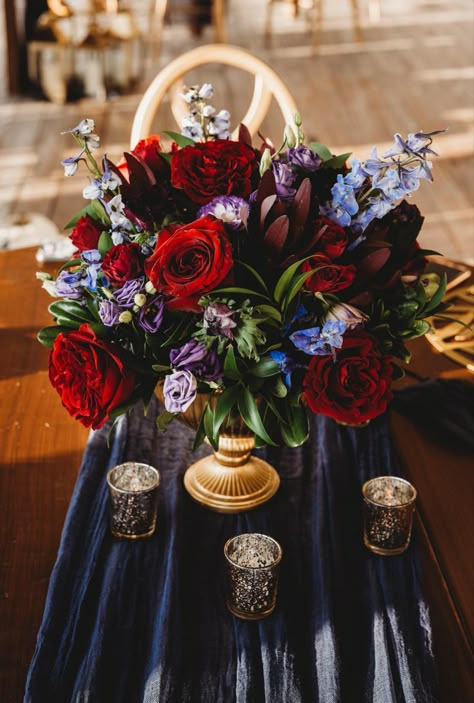 Jewel Tone And Black Wedding, Simple Jewel Tone Wedding Centerpieces, Gem Tone Wedding Centerpieces, Jewel Tone Table Decor, Jewel Tone Wedding Centerpieces Round Table, Jewel Tone Floral Arrangements, Gem Tone Wedding, Moody Jewel Tone Wedding, Gem Tones Wedding