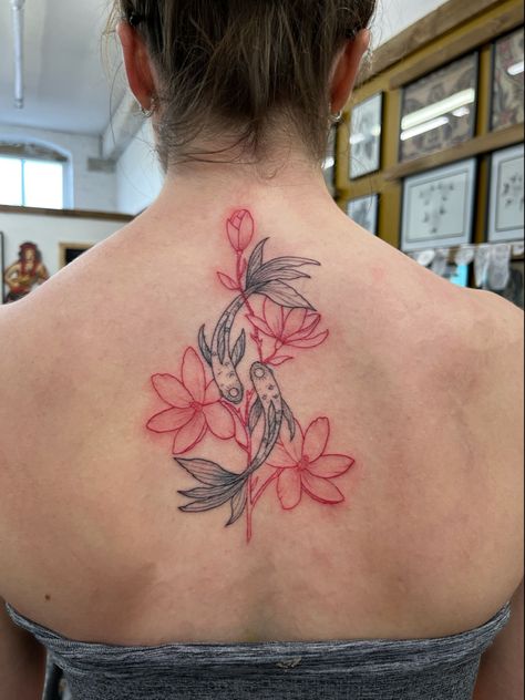 #koi #koifish #koifishtattoo #magnolia #finelinetattoo #backtattoo #redtattoo #womenstattoos #floraltattoo Koi Carp Tattoo Women, Red Magnolia Tattoo, Koi Fish Tattoo Cherry Blossoms, Red Koi Fish Tattoo, Red And White Koi Fish Tattoo, Koi Fish Red Tattoo, Koi Fish Back Tattoo, Koi Fish Floral Tattoo, Coy Fish With Flowers Tattoo