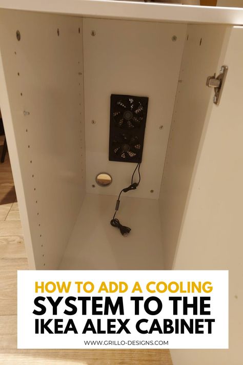 How To Add Cooling to a Computer in an Enclosed Cabinet. Hidden Computer Cabinet, Hide Pc Tower, How To Hide Computer Tower, Computer Tower Storage Ideas, Hide Computer Tower, Ikea Elloven, Ikea Alex Hack, Bureau Hack Ikea, Electronics Cabinet