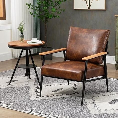 Amazon.com: GYI Brown Leather Accent Chairs, 23.6'' Wide Armchair, Industrial Black Metal Frame Accent Chair with Wood Arms, Mid-Century Modern Comfy Sofa Chair for Living Room, Bedroom : Home & Kitchen Comfy Sofa Chair, Sleek Armchair, Metal Frame Accent Chair, Leather Accent Chairs, Mid Century Accent Chair, Leather Sofa Chair, Bedroom Chairs, Faux Leather Sofa, Living Ro