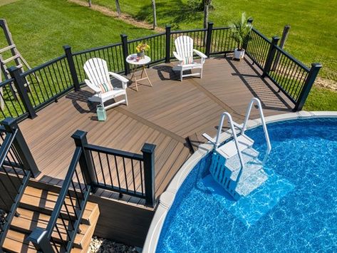 How to Design Split Level Deck With Pool, Deck Rails, Freestanding Deck, Pool Deck Decorations, Decks Around Pools, Rock Animals, Pool Deck Ideas, Pool Deck Plans, Outdoor Renovation