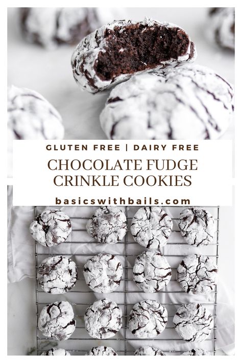 Fudge Crinkle Cookies, Chocolate Fudge Crinkle Cookies, Easy Chocolate Cookies, Dairy Free Christmas Cookies, Christmas Crinkle Cookies, Cookies Dairy Free, Gluten Free Holiday Cookies, Gluten Free Christmas Cookies, Crinkle Cookies Recipe