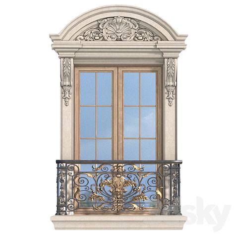 3d models: Facade element - Classic facade window with French balcony. Classic Forged Fence. Frame Window French Architecture Exterior, French Windows Exterior, Classic Facade Design, Delhi Cafe, French Facade, Facade Window, Classic Fence, Baroque Interior Design, Classical Facade