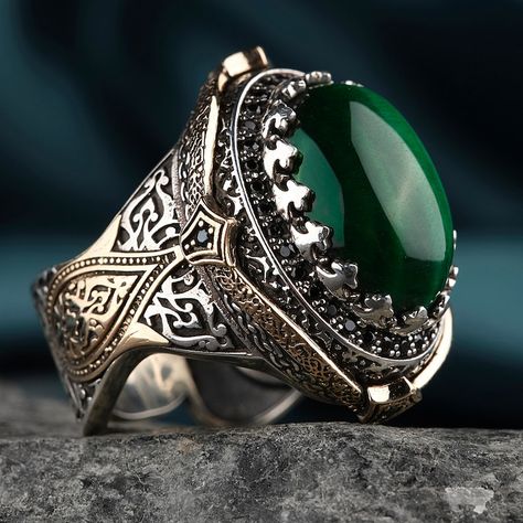 Mens Rings For Sale, Green Agate Ring, Emerald Stone Rings, Green Stone Ring, Green Stone Rings, Handmade Sterling Silver Rings, Sterling Silver Mens Rings, Turkish Jewelry, Men Ring