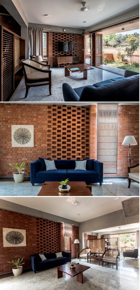 Brick House Draws Inspiration From Traditional Kerala Architecture | Kamat & Rozario Architecture - The Architects Diary Kerala Architecture, Brick Living Room, Brick Interior Wall, Brick Interior, Kerala House Design, Kerala Houses, Brick Architecture, Apartment Architecture, Brick Design