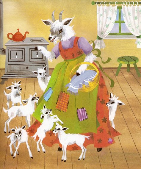 Sprookjes: De wolf en de zeven geitjes - afbeelding Fairy Tale Images, Dove Pictures, Goat Art, Fairy Stories, Classic Fairy Tales, Childrens Books Illustrations, Baby Goats, Fairytale Art, Childrens Stories