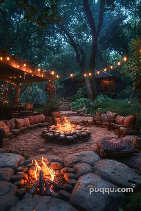 Whimsical Fire Pit, Awesome Firepits, Rustic Patio Ideas, Natural Fire Pit, Pit Cooking, Fire Pit With Rocks, Fire Pit Cooking, Rustic Fire Pits, Fire Pit Lighting