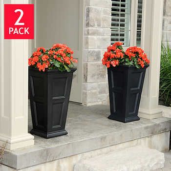 Fairfield Tall Black Planter 2-pack Outdoor Entryway Decor, Outdoor Entryway, Black Planters, Self Watering Pots, Patio Planters, Flower Pots Outdoor, Tall Planters, Self Watering Planter, Front Porch Decorating