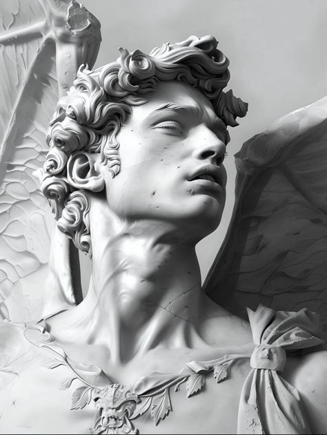 Angel Statue Reference, Clay Statues Sculpture, Portrait Reference Black And White, Greek Statue Sketch, Greek Statues Male, Icarus Statue, Greek God Statues, Greek Statues Aesthetic, Statue Portrait