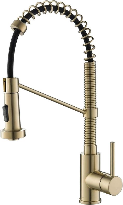 KRAUS Bolden™ Single Handle 18-Inch Commercial Kitchen Faucet with Dual Function Pull-Down Sprayhead in Brushed Gold Finish Brushed Gold Kitchen Faucet, Gold Kitchen Faucet, Commercial Kitchen Faucet, Pull Down Kitchen Faucet, Black Kitchen Faucets, Gold Kitchen, Champagne Bronze, Kitchen Sink Faucets, Kitchen Fixtures